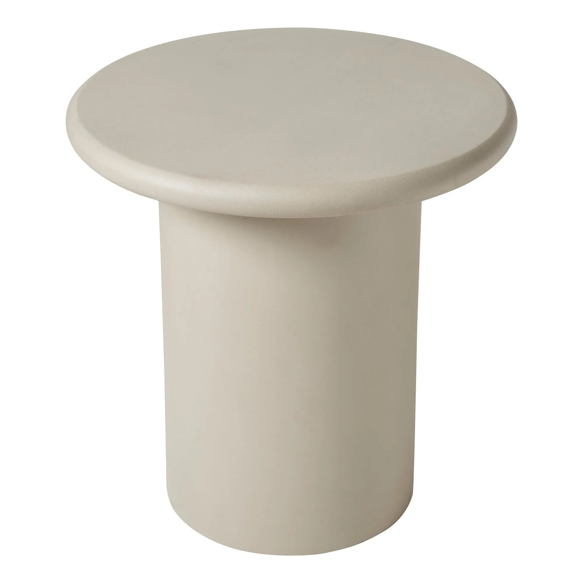 The Riya is a round, light beige accent table with a thick cylindrical base and wide flat top. Its simple modern design and smooth surfaces make it perfect for minimalist interiors.