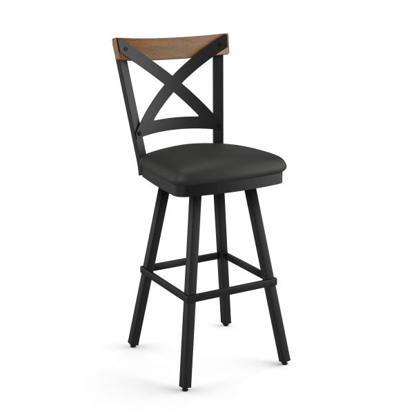 The Snyder Bar Height Swivel Stool features a cushioned seat, X-back with wood accent, and sturdy metal frame—ideal for commercial use.