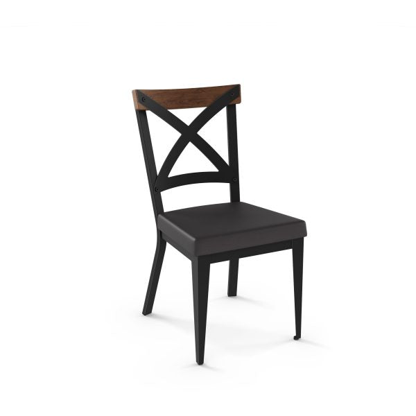 The Snyder Chair features a black X-back design with a wooden top rail and upholstered seat, perfect for commercial settings. Includes a 10-year warranty. Shown on a white background.