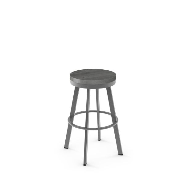 The Swice Bar Height Swivel Stool features a round, dark wood seat and four angled gray metal legs with circular supports. Its simple, backless, and minimalist style makes it ideal for commercial settings.
