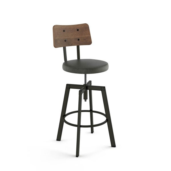 The Symmetry Screw Stool features a round upholstered seat, wood backrest, metal legs, and circular footrest. Its industrial-rustic design makes it perfect for commercial spaces.