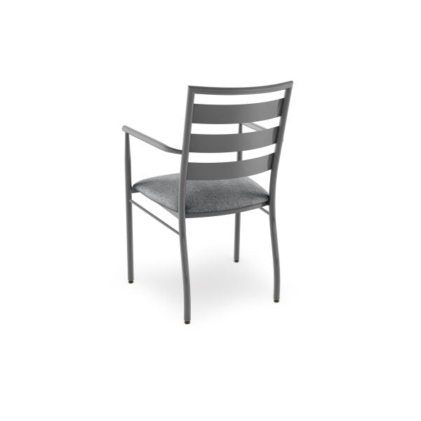 The Tori Armchair features a gray upholstered seat and an open-slat metal backrest, designed for commercial use; shown from behind against a white background.