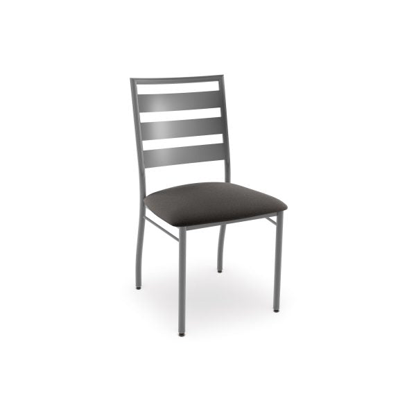 The Tori Chair features a metal ladder-back design with an upholstered seat, perfect for commercial spaces, and is displayed on a white background.