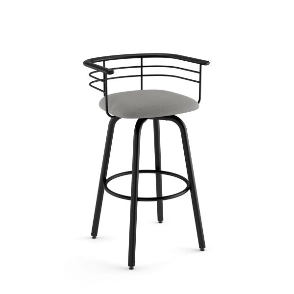 The Turbo Bar Height Swivel Stool features a round, light gray upholstered seat, black Canadian steel legs, and a curved metal backrest with horizontal bars for a modern look.