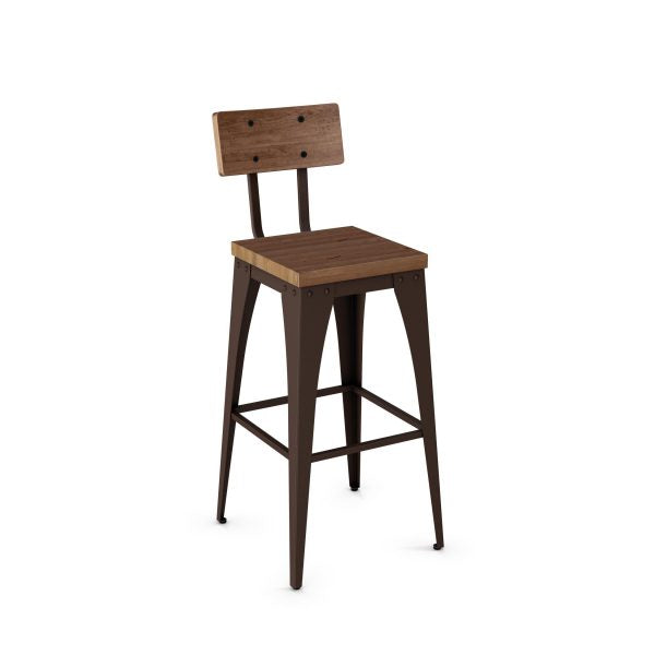 The Upright Bar Height Stool (Wood Seat and Back) features four dark metal legs, a sturdy frame, and a wooden seat and backrest, making it ideal for commercial use and displayed against a plain white background.