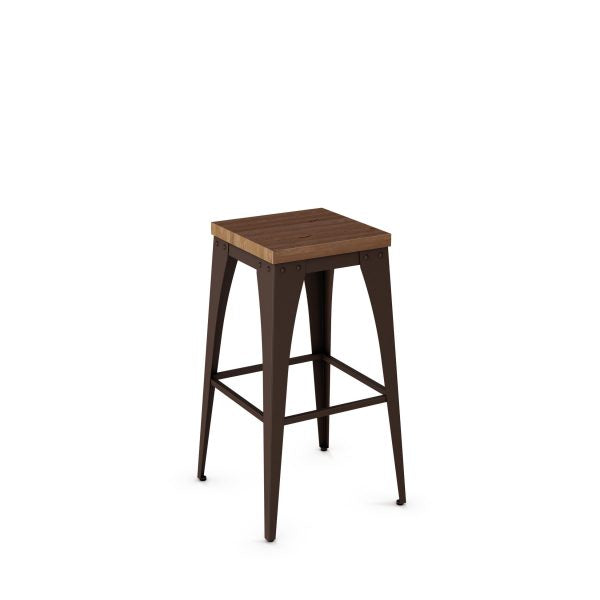 The Upright Bar Height Stool features a backless square wood seat and dark metal legs in a minimalist industrial style. Durable for commercial use and proudly made in Canada.