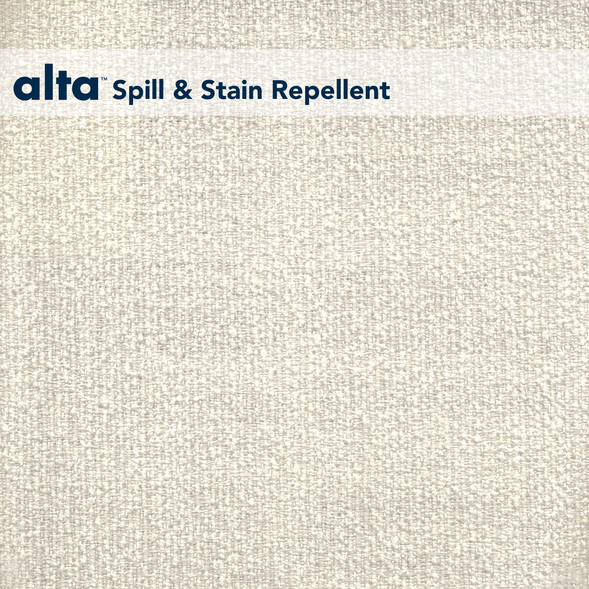 Close-up of Wonderful, a light beige textured performance fabric, with alta Spill & Stain Repellent in blue text on a white banner at the top left, showcasing its advanced stain-repellent upholstery features.