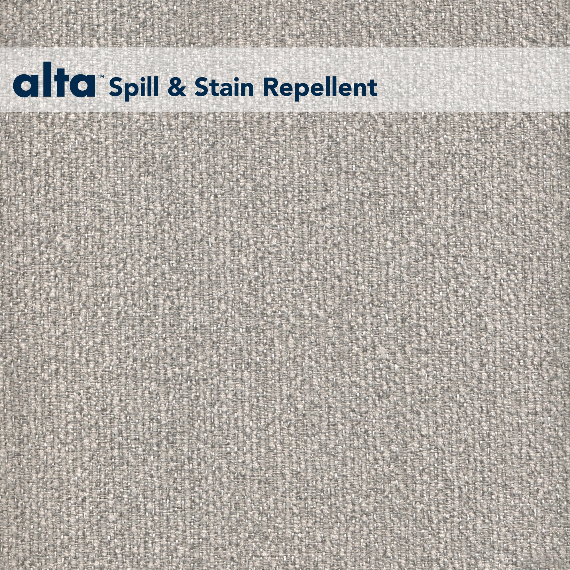 A swatch of Wonderful light gray woven performance fabric with a white banner at the top displaying alta Spill & Stain Repellent in blue text.
