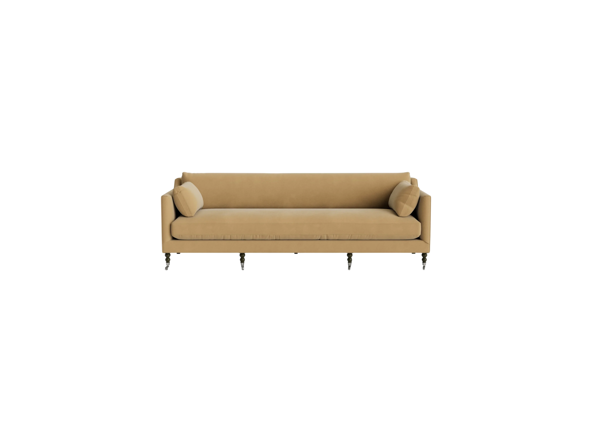 The Strathmore Sofa is a tan upholstered commercial piece with straight arms, two matching cylindrical cushions, and four dark wood legs—perfect for hospitality spaces.